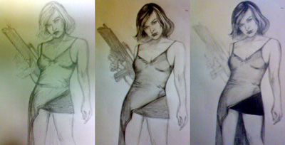 Milla Jovovich in Resident Evil — Drawing by Karthik Abhiram, Behind the Scenes Pic