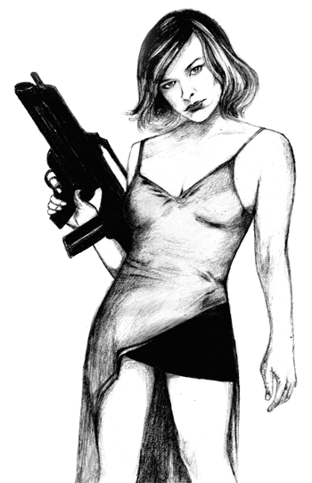 Milla Jovovich in Resident Evil — Drawing by Karthik Abhiram, Black and White version