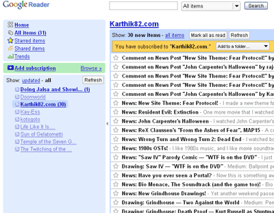 Google Reader Screenshot — with the RSS Feed from Karthik82.com!