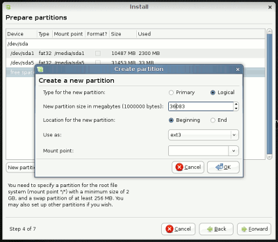 Installing Linux Mint — Partitioning
